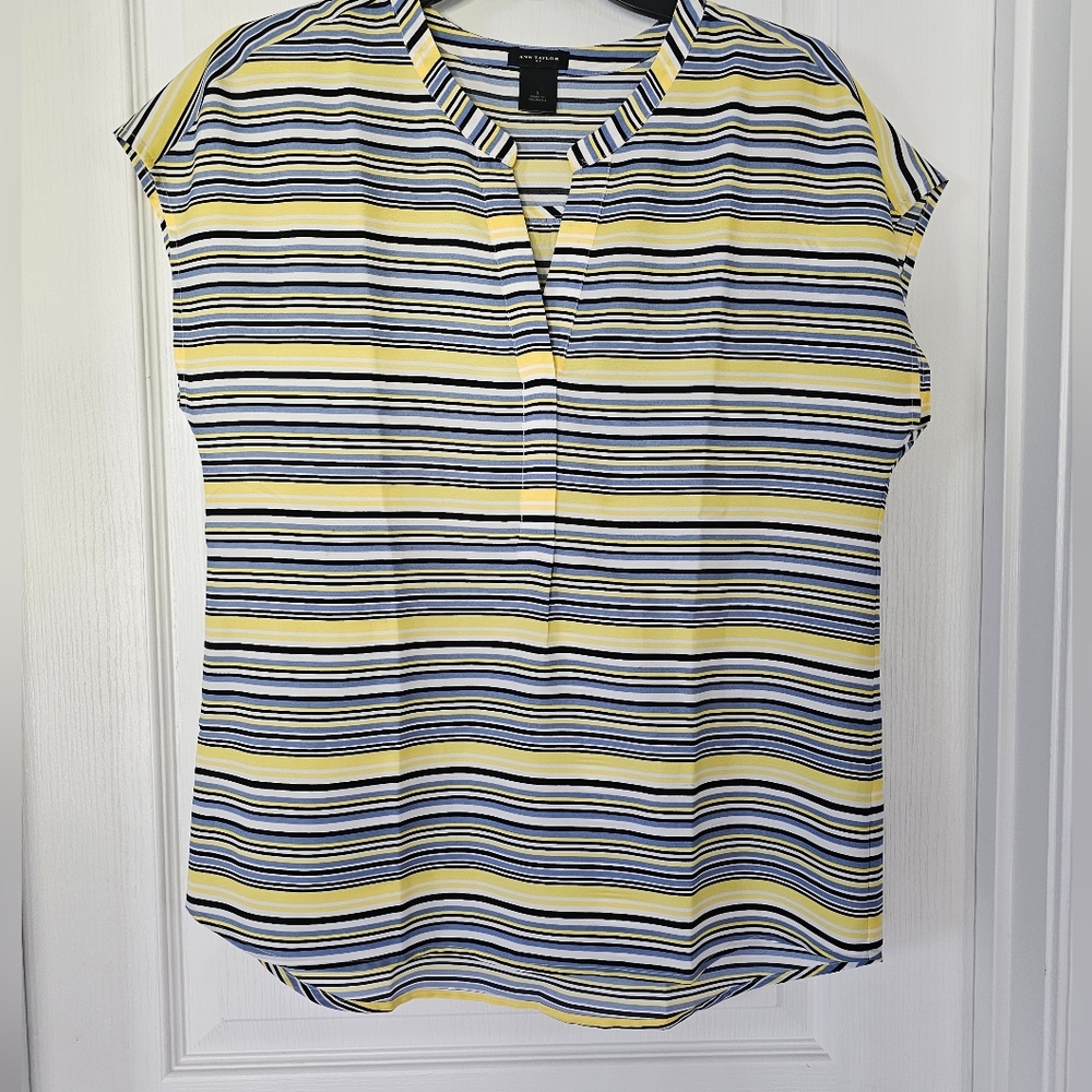 Ann Taylor Striped Yellow and Blue Women's V Neck Pop-over Top